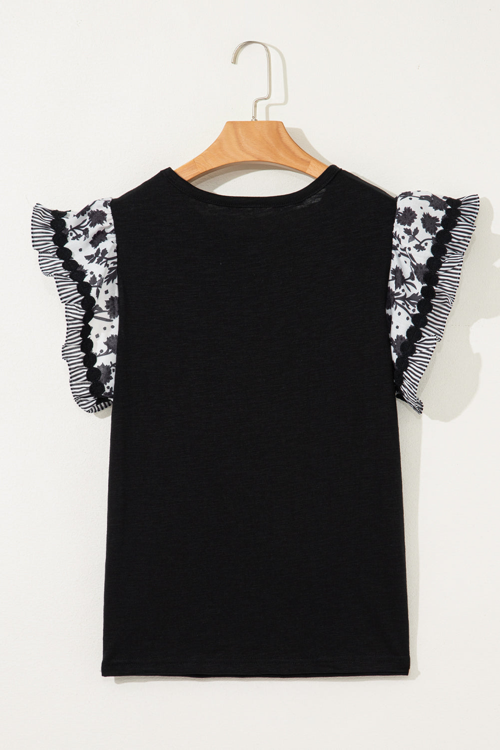 Black Ricrac Trim Printed Flutter Sleeve Contrast Patchwork Blouse