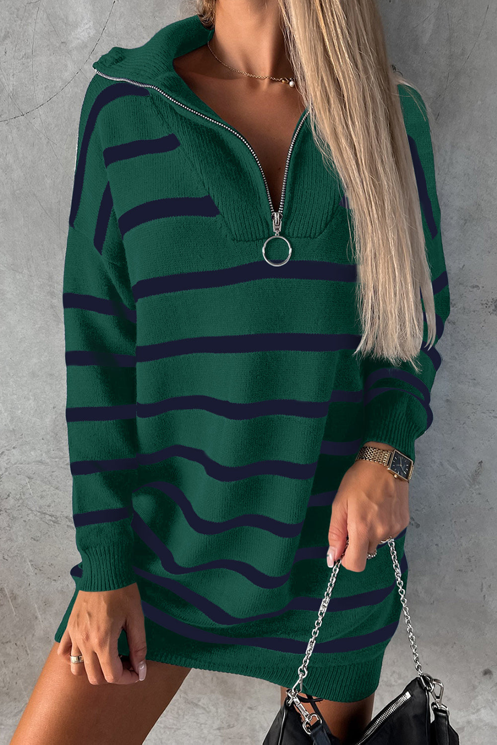 Green Striped/Solid O-ring Zip Collared Loose Sweater Mini Dress