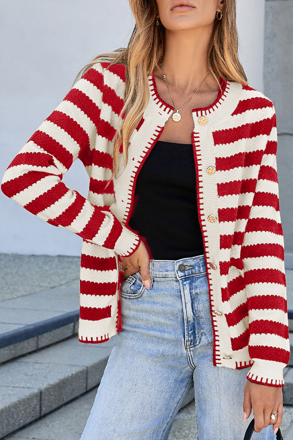 Red Stripe Chic Golden Button Cardigan Sweater