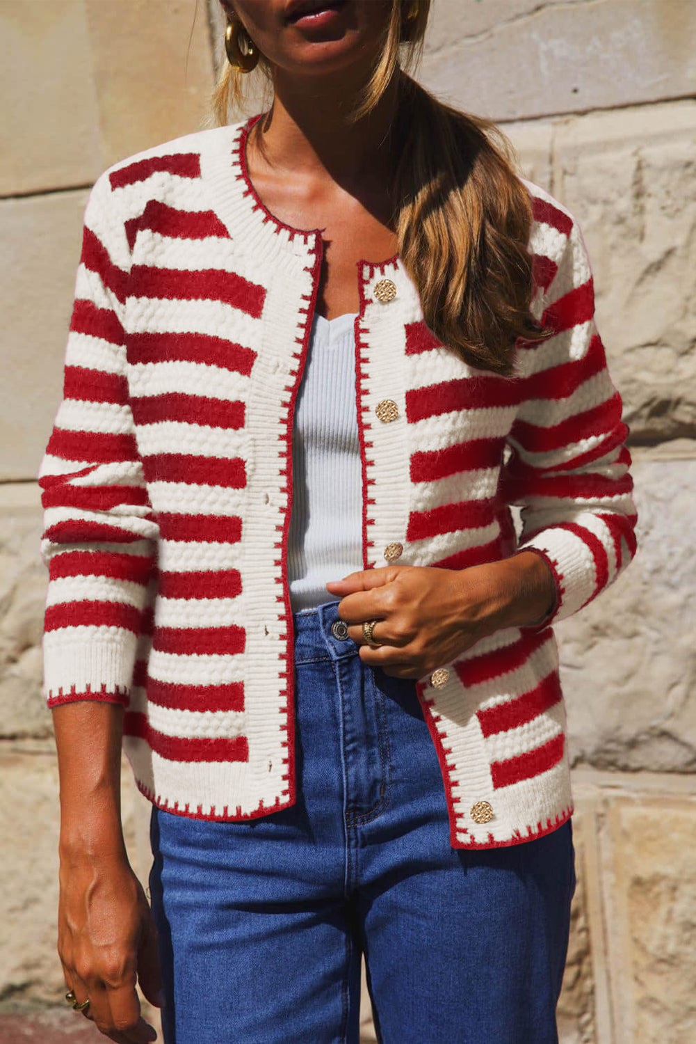 Red Stripe Chic Golden Button Cardigan Sweater