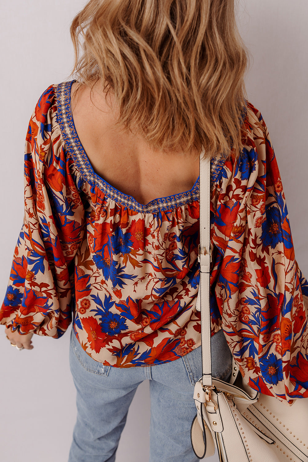 Multicolor Floral Print Square Neck Backless Loose Fit Blouse