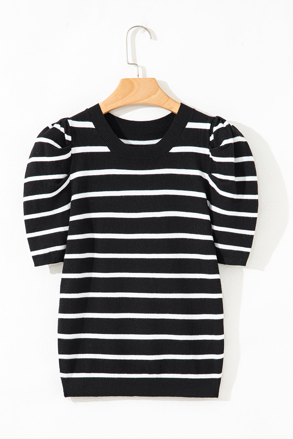 White Stripe Ribbed Trim Round Neck Bubble Sleeve Knitted Top