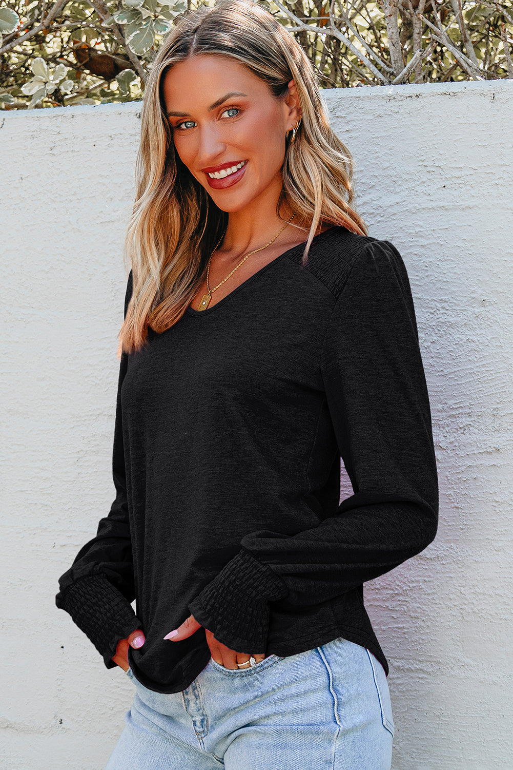 Black Shirred Shoulder Frilled Cuffs Long Sleeve Top