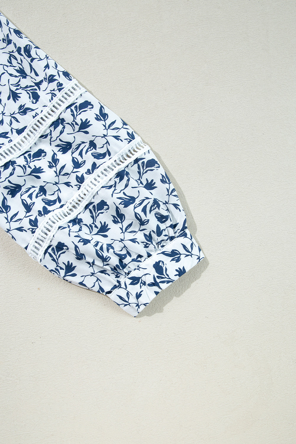 Blue Printed Lace Detail Floral Puff Sleeve Fall Shirt