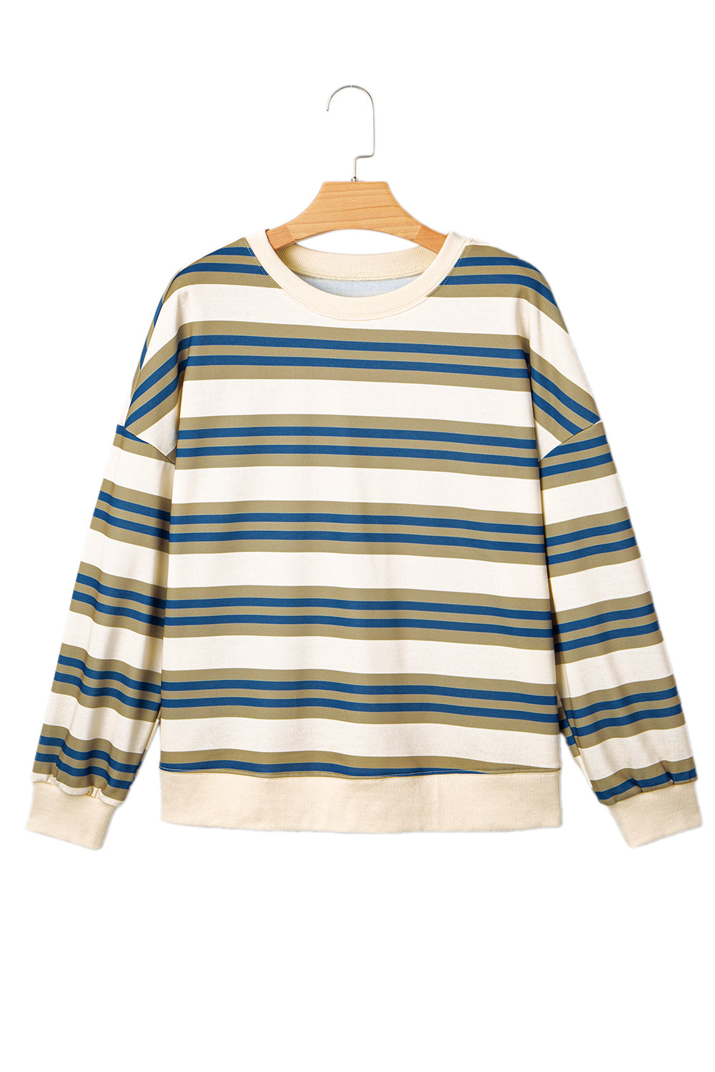 Khaki Stripe Crew Neck Drop Shoulder Pullover Sweatshirt