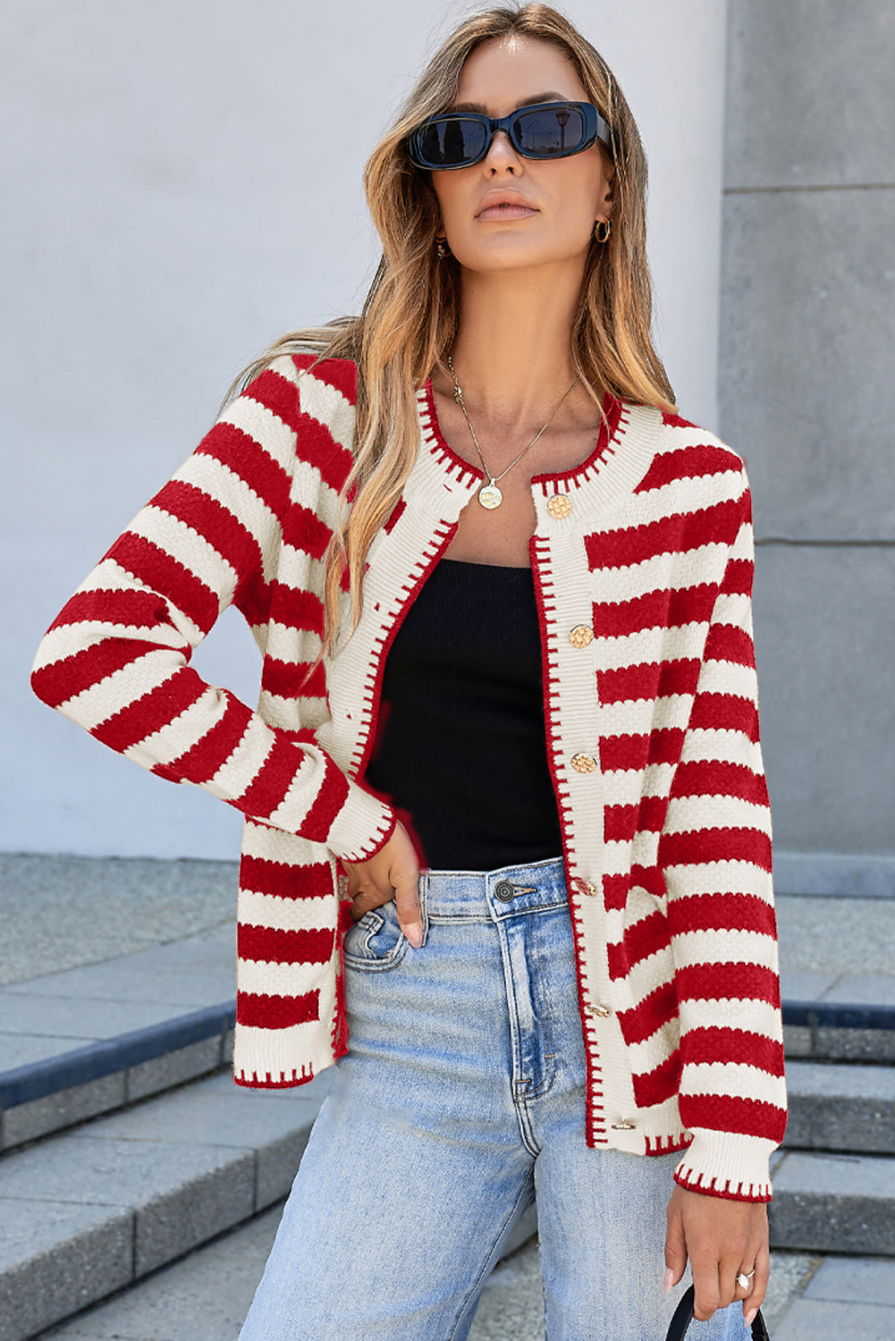 Red Stripe Chic Golden Button Cardigan Sweater