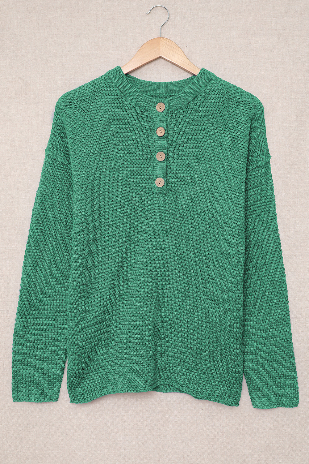 Green-2 Henley Pullover Drop Shoulder Sweater with Slits