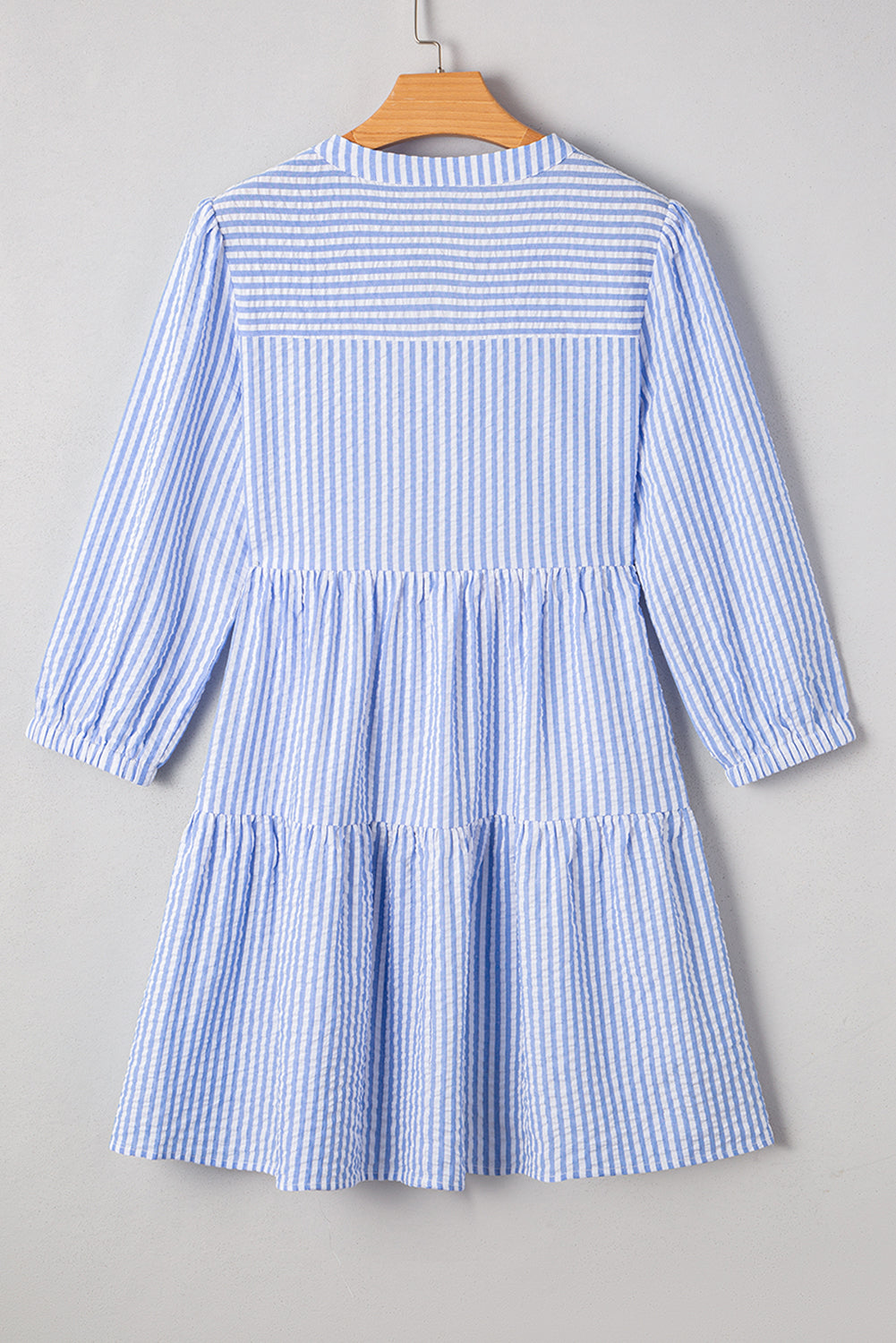 Sky Blue Stripe Bracelet Sleeve Tiered Shift Dress with Pockets