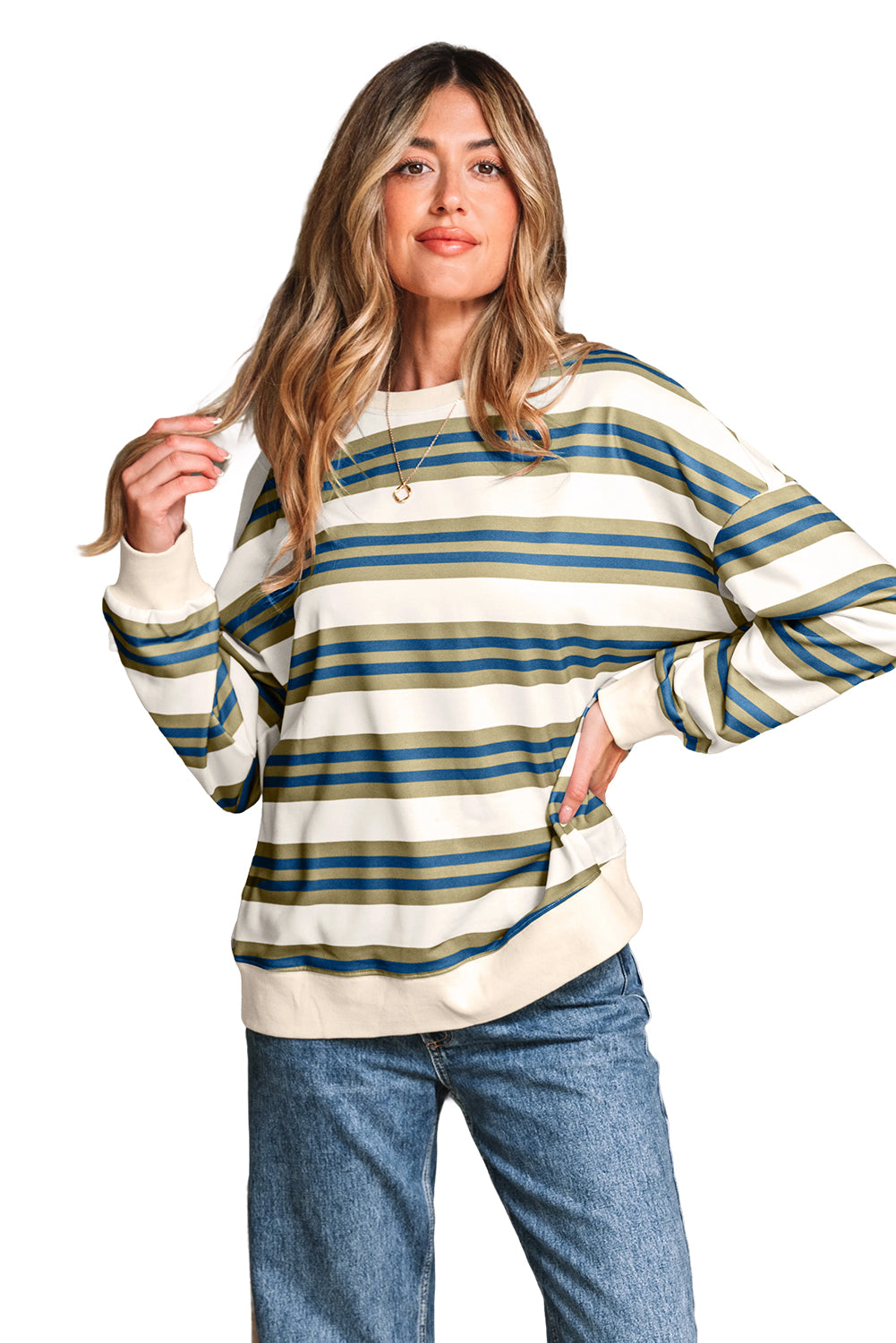 Khaki Stripe Crew Neck Drop Shoulder Pullover Sweatshirt