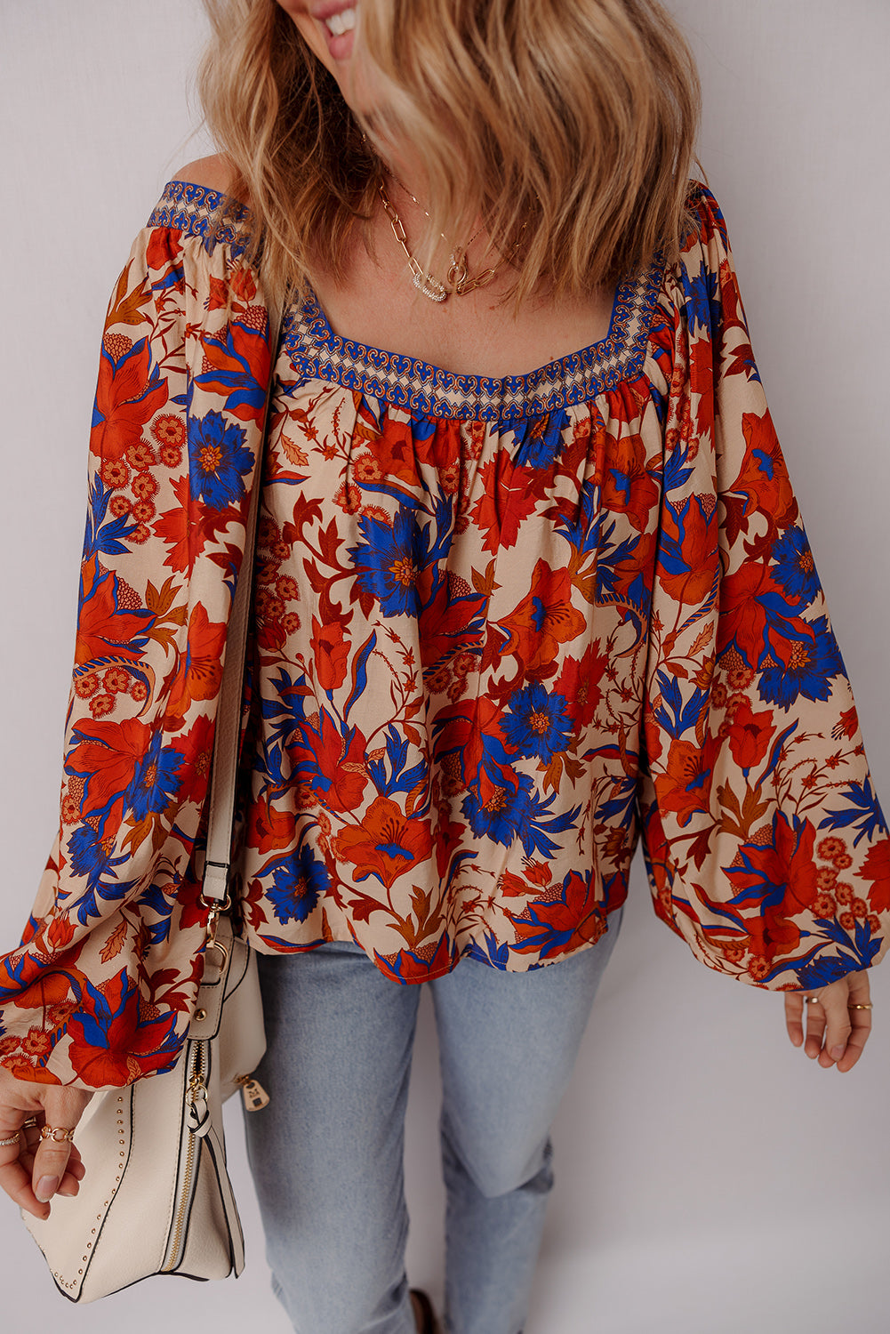 Multicolor Floral Print Square Neck Backless Loose Fit Blouse