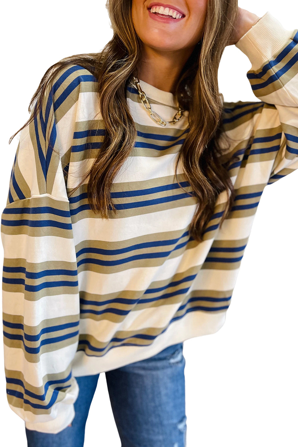 Khaki Stripe Crew Neck Drop Shoulder Pullover Sweatshirt
