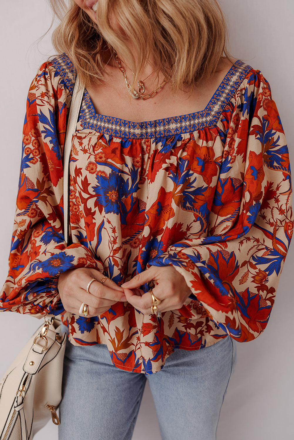 Multicolor Floral Print Square Neck Backless Loose Fit Blouse