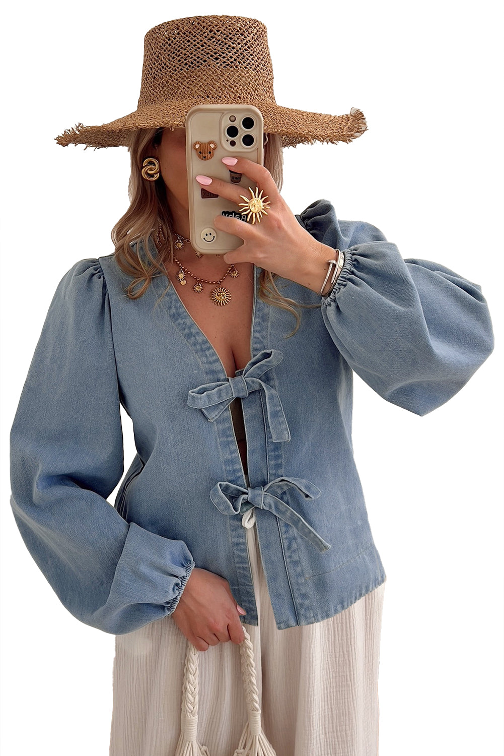 Dusk Blue Tied Front Long Puff Sleeve Denim Top