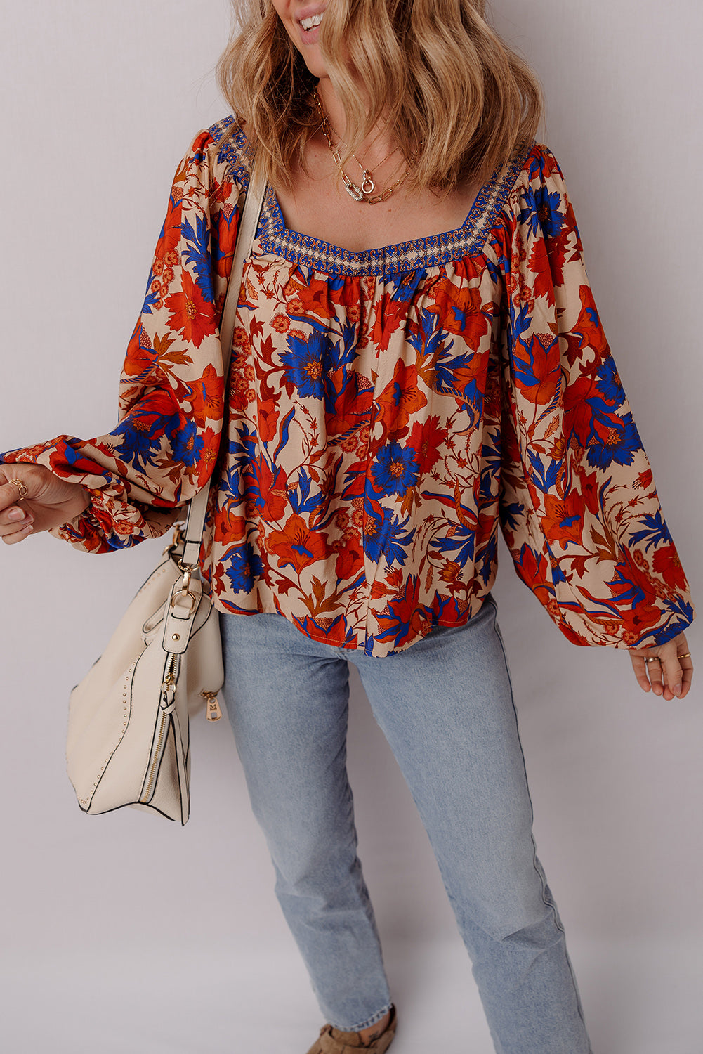 Multicolor Floral Print Square Neck Backless Loose Fit Blouse