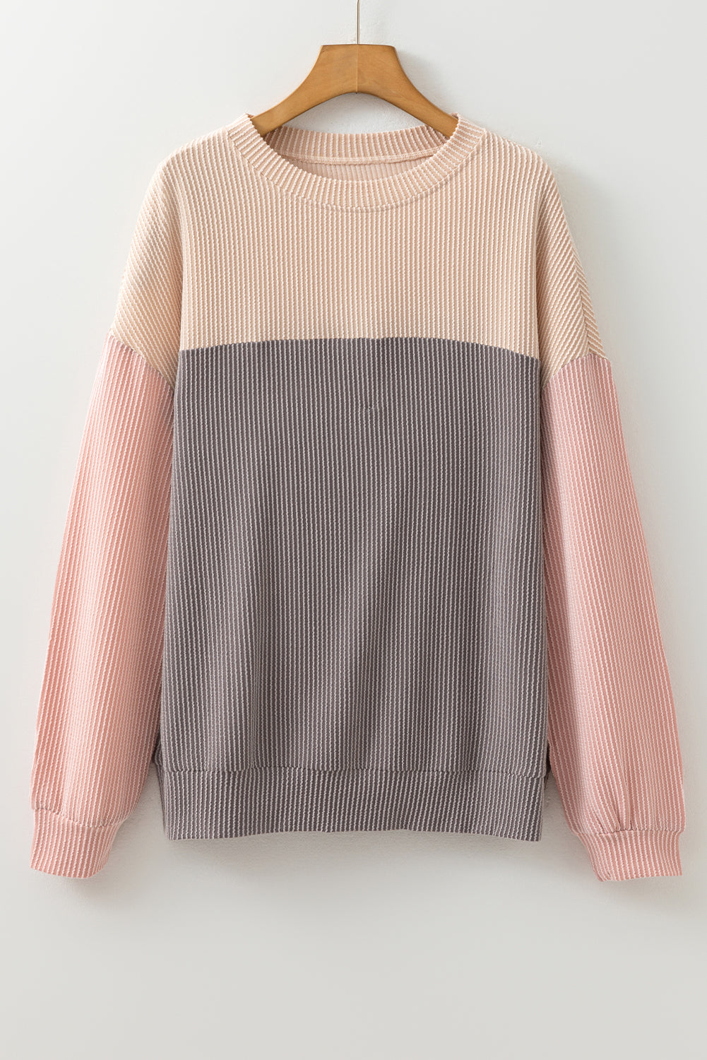 Multicolor Color Block Long Sleeve Ribbed Loose Top