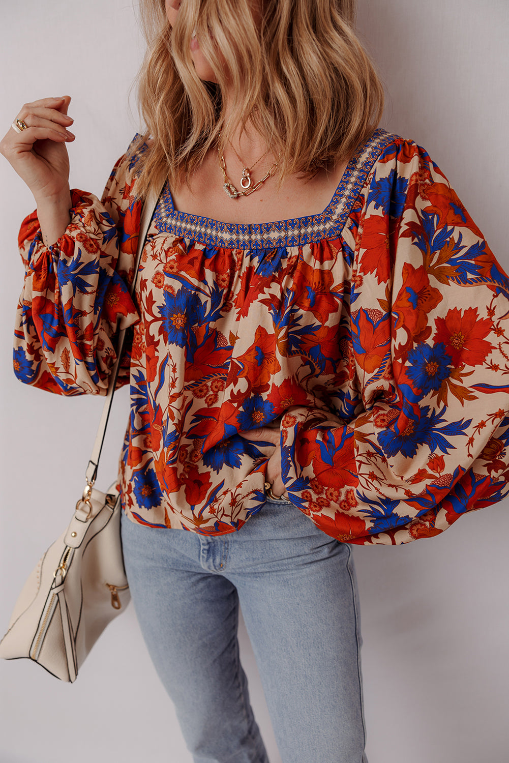 Multicolor Floral Print Square Neck Backless Loose Fit Blouse