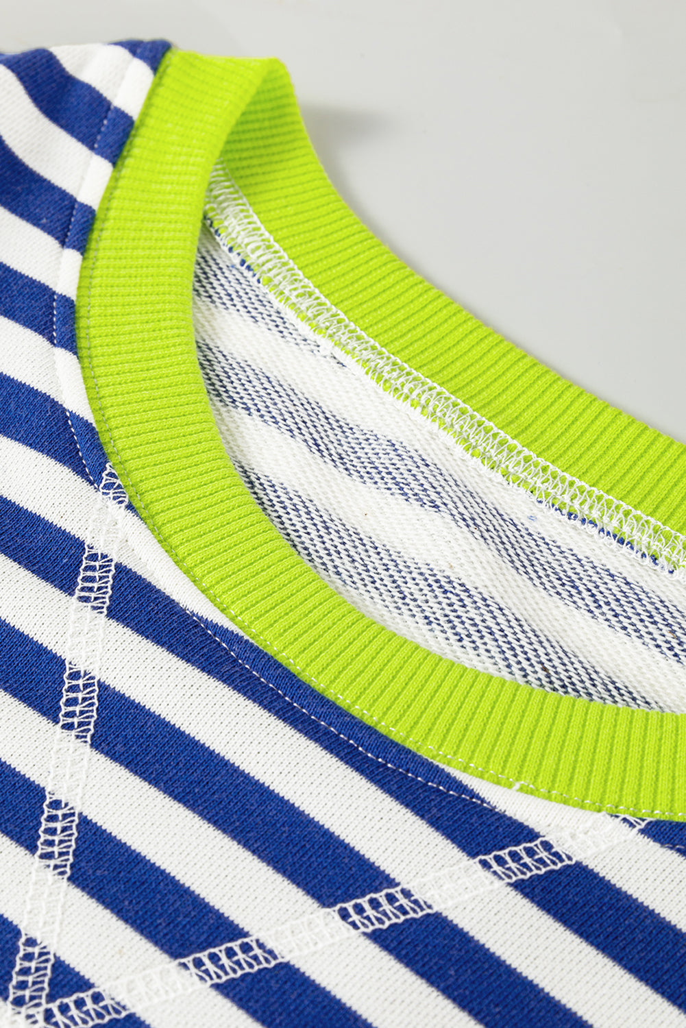 Sky Blue Stripe Striped Contrast Ribbed Trim Crossed Stitch Drop Shoulder Sweatshirt