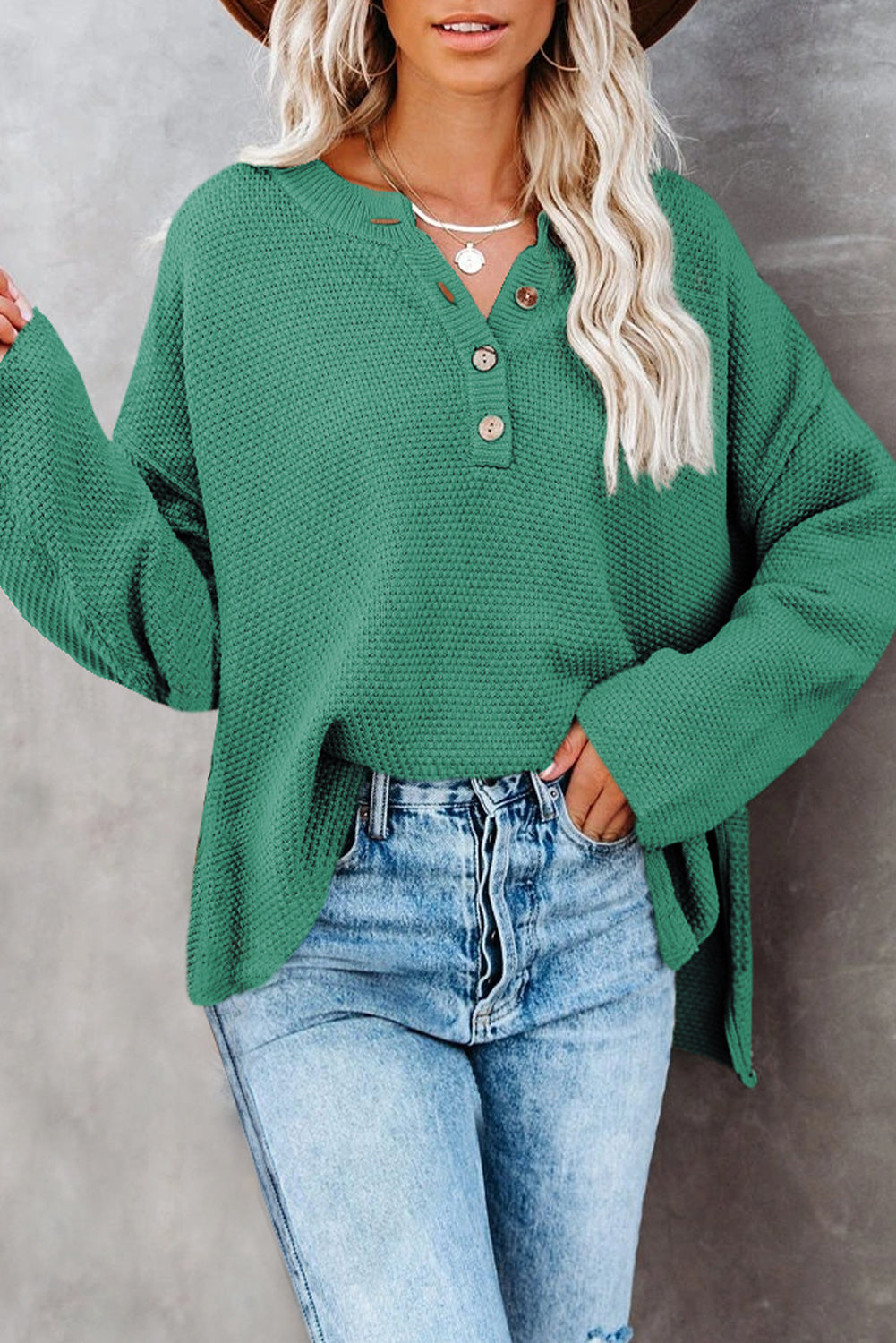 Green-2 Henley Pullover Drop Shoulder Sweater with Slits