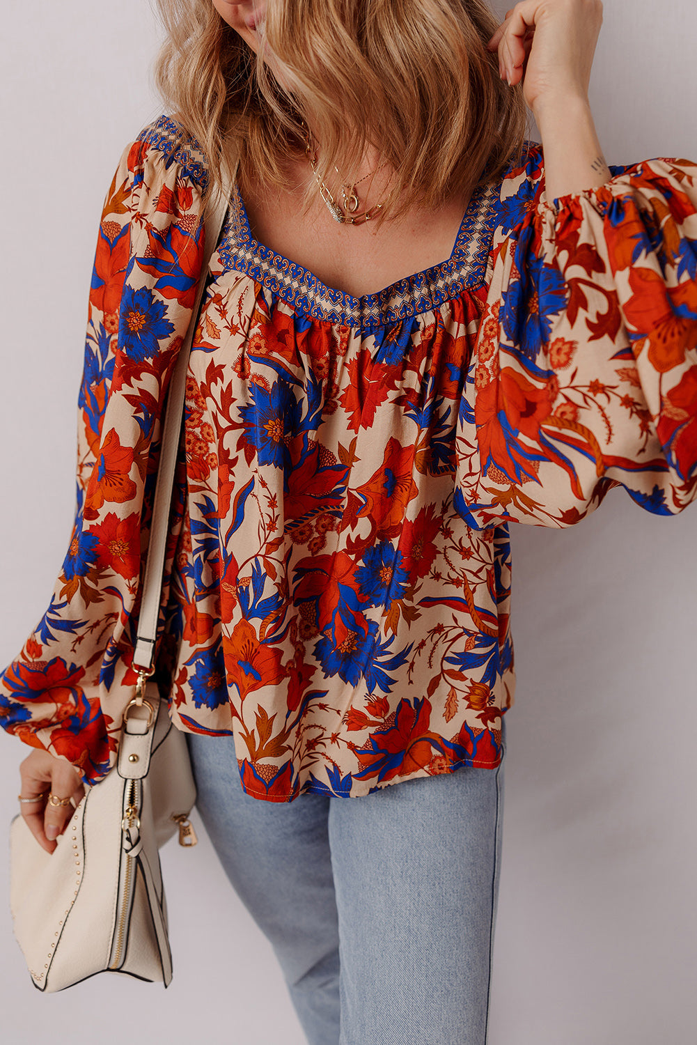 Multicolor Floral Print Square Neck Backless Loose Fit Blouse