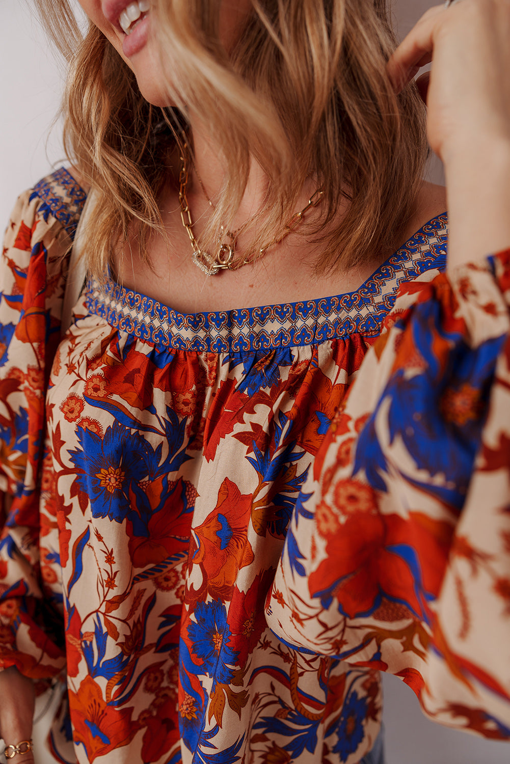 Multicolor Floral Print Square Neck Backless Loose Fit Blouse