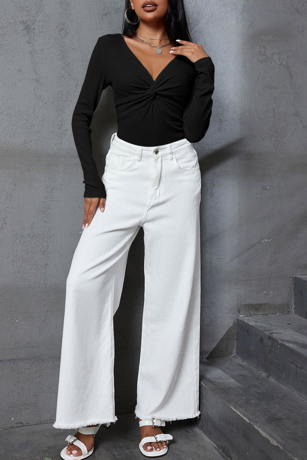 Black Textured Twist Front V Neck Long Sleeve Slim Solid Color Top