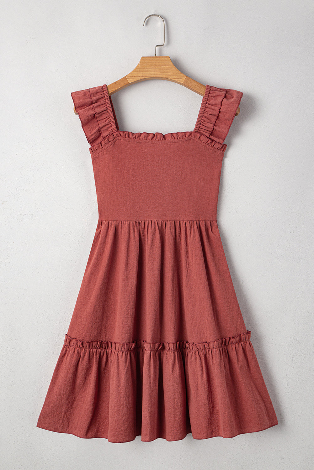 Red Sandalwood Geometric Stitch Shirred Bodice Ruffled Trim Sleeveless Mini Dress