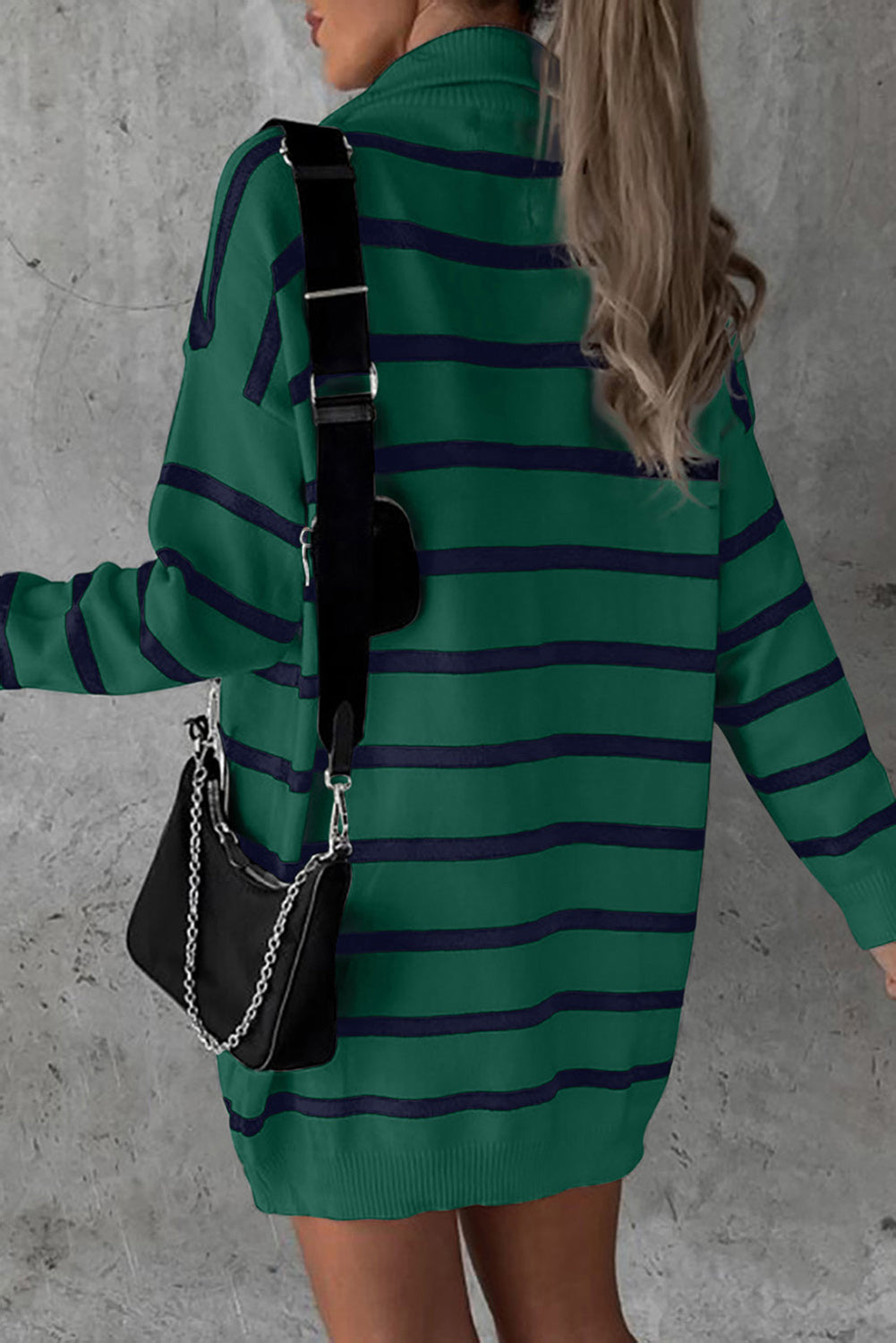 Green Striped/Solid O-ring Zip Collared Loose Sweater Mini Dress
