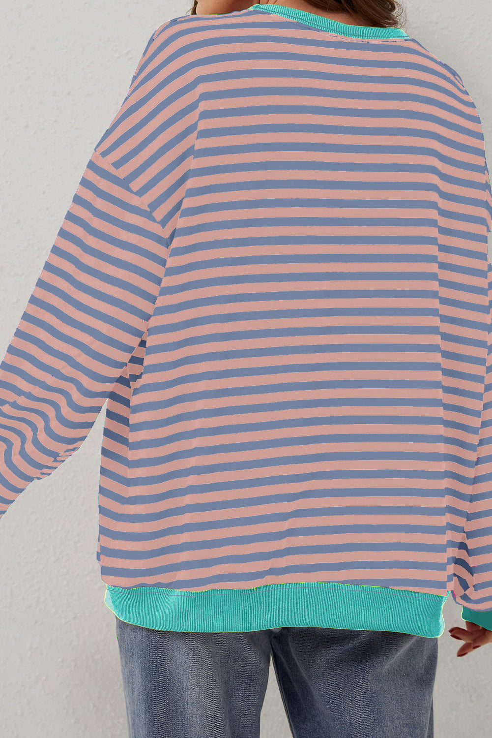 Racing Red Striped Contrast Ribbed Trim Crossed Stitch Drop Shoulder Sweatshirt