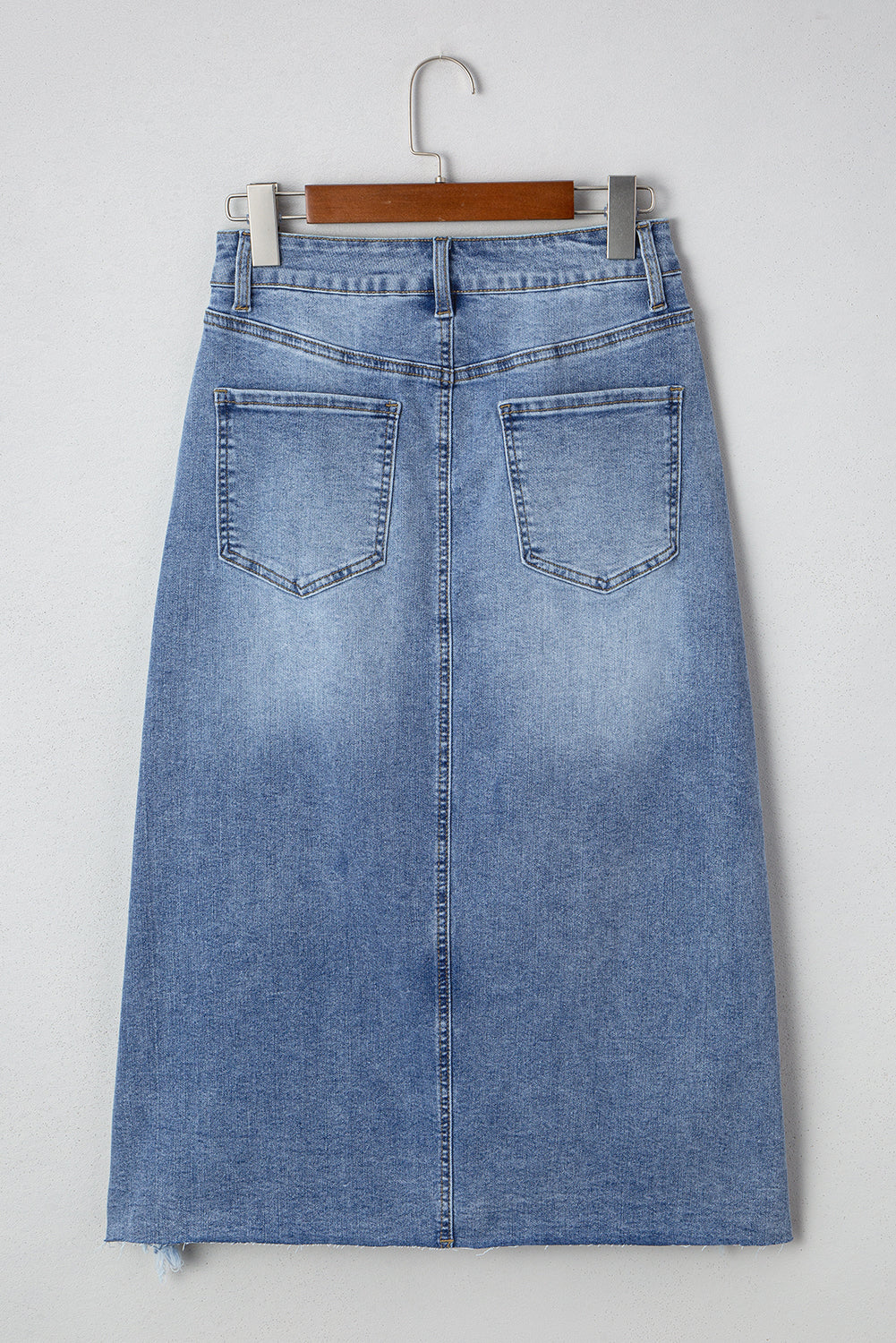 Myosotis Irregular Distressed Bottom Denim Midi Skirt