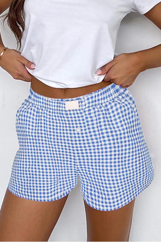 blue Red Plaid Gingham Printed High Waist Shorts