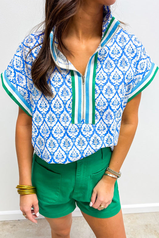 Sky Blue Western Print Zipped Collar Short Sleeve Summer Blouse Top