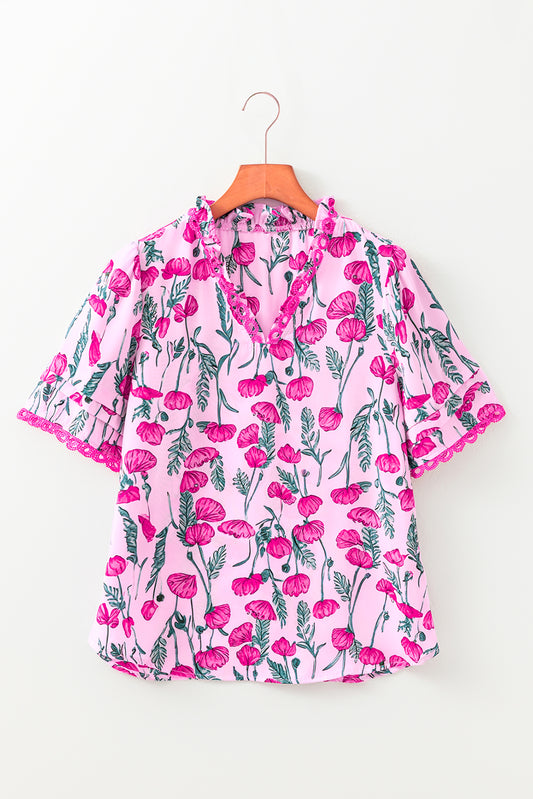 Pink Floral Lace Detail Frilled V Neck Summer Blouse