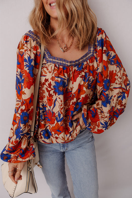Multicolor Floral Print Square Neck Backless Loose Fit Blouse