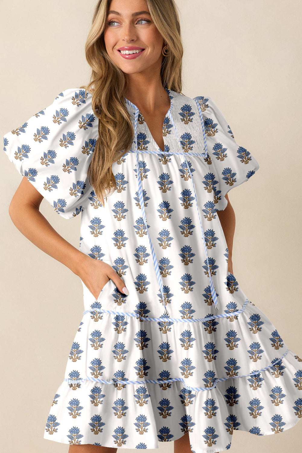 Sky Blue Floral Puff Sleeve Tied Neck Pocketed Mini Dress